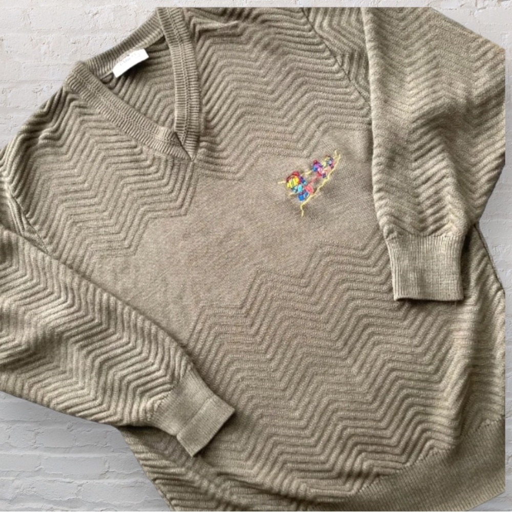 Vintage Gabicci Mens Wool Mix Jumper Taupe M Mountaineering Motif Pullover Retro - Picture 1 of 8